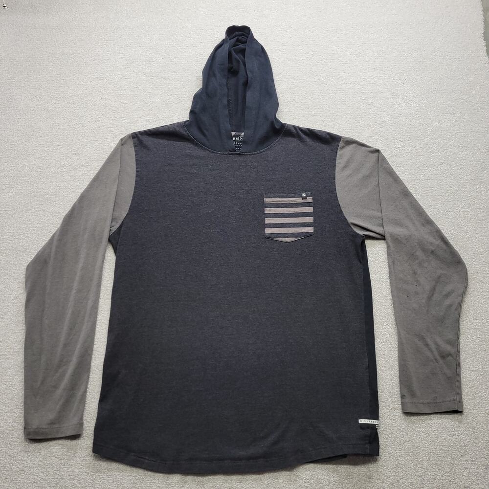 Billabong Hooded Long Sleeve Shirt Mens Large Gray Black Pocket Tee Surf